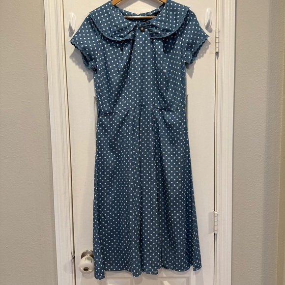 Hell Bunny Dresses & Skirts - Hell Bunny Ingred Midi Dress Women’s L Blue White Polka Dot Retro Rockabilly
